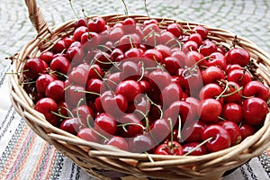 Cherries. Cherry. Organic cherries in basket on a farmerÃ¢â¬â¢s market. Red cherry background. Fresh cherries texture. Healthy food.